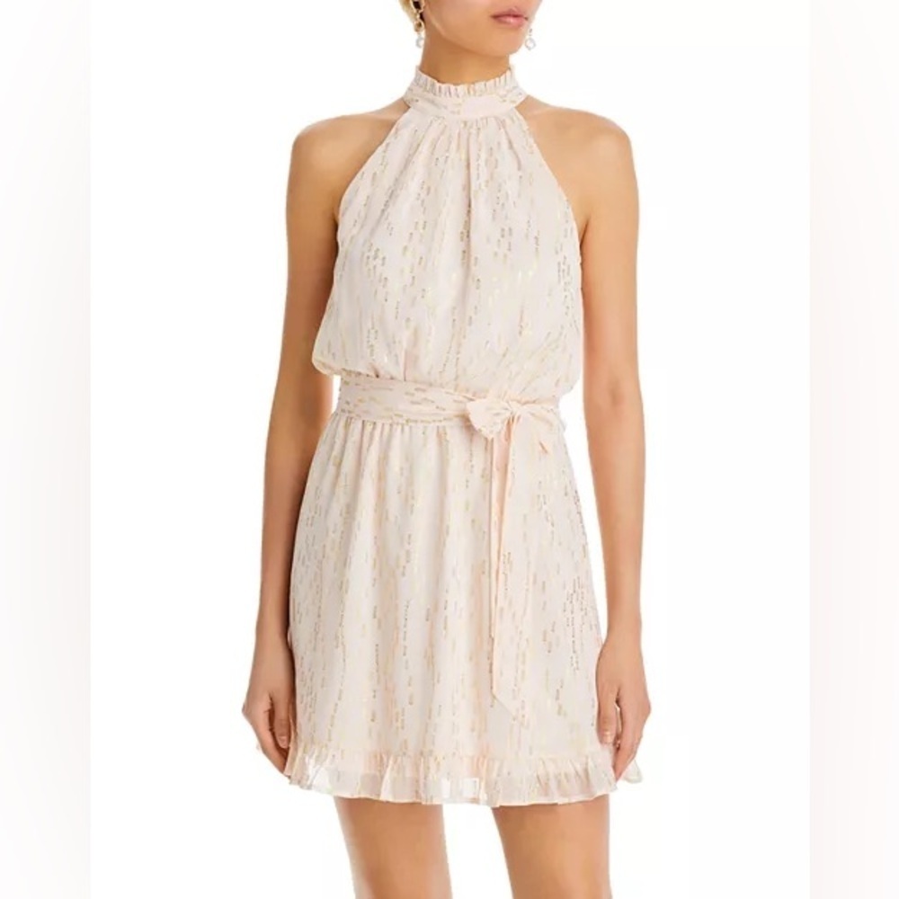 Aqua Halter Belted Mini Dress Ruffle Neck Sleeveless Lined Peach-Pink Gold L NWT